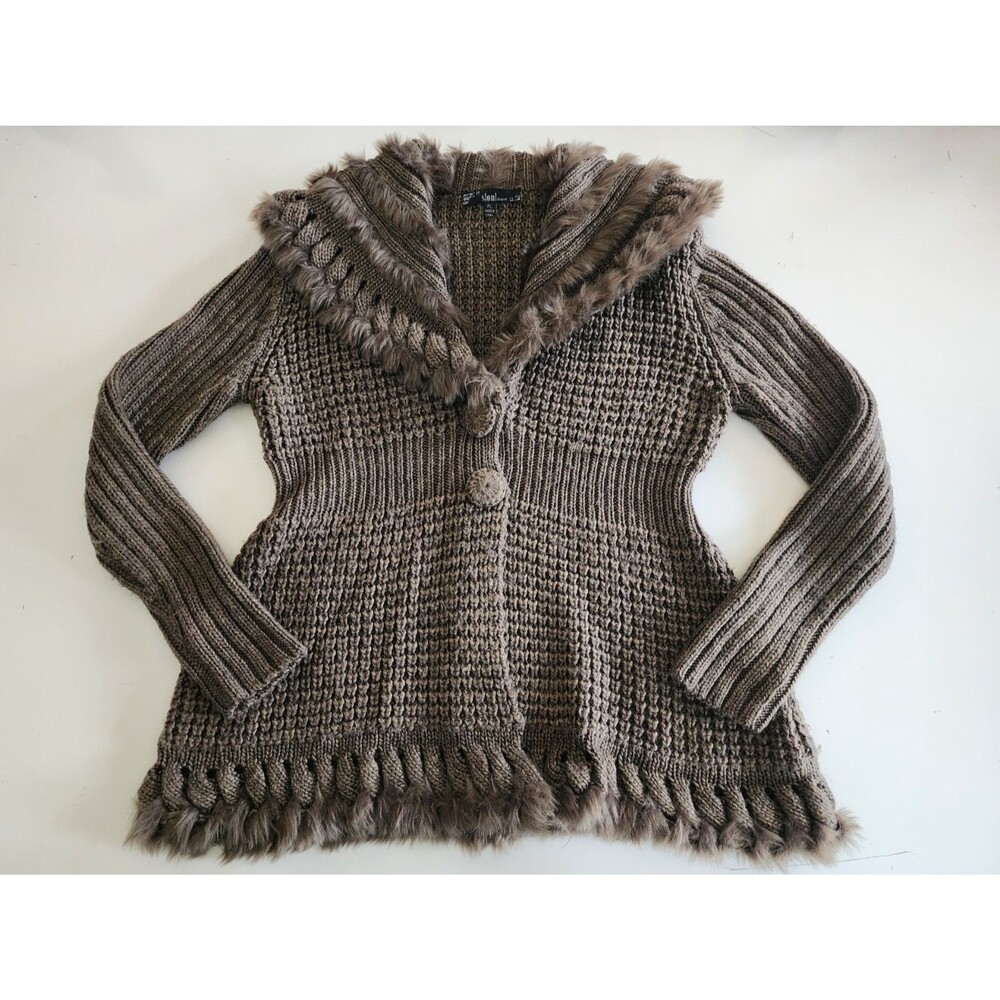 Vintage Y2K Slonl Brown Faux Fur Fringe Open Knit Wool Cardigan Fairy Grunge